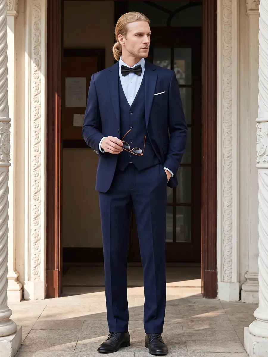 MAGE MALE Men's 3 Pieces Suit Navy Blue Slim Fit Single Breasted Blazer Vest Pants Set | Elegant Formal Wear - view 2