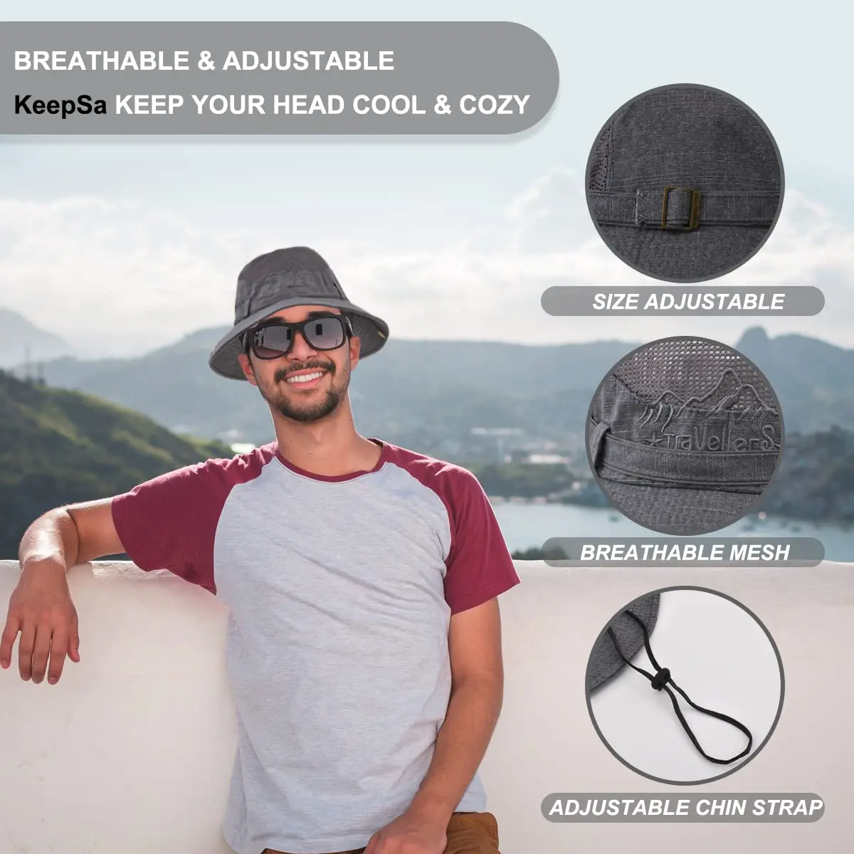 KeepSa Cotton Sun Hat Men Wide Brim Bucket Safari Grey | Breathable, Foldable & UV Protection - view 2