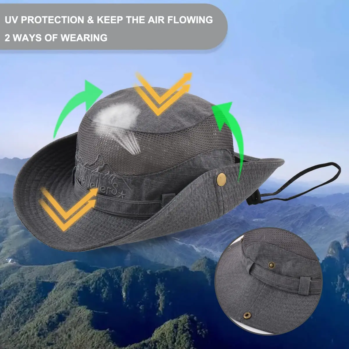 KeepSa Cotton Sun Hat Men Wide Brim Bucket Safari Grey | Breathable, Foldable & UV Protection - view 3