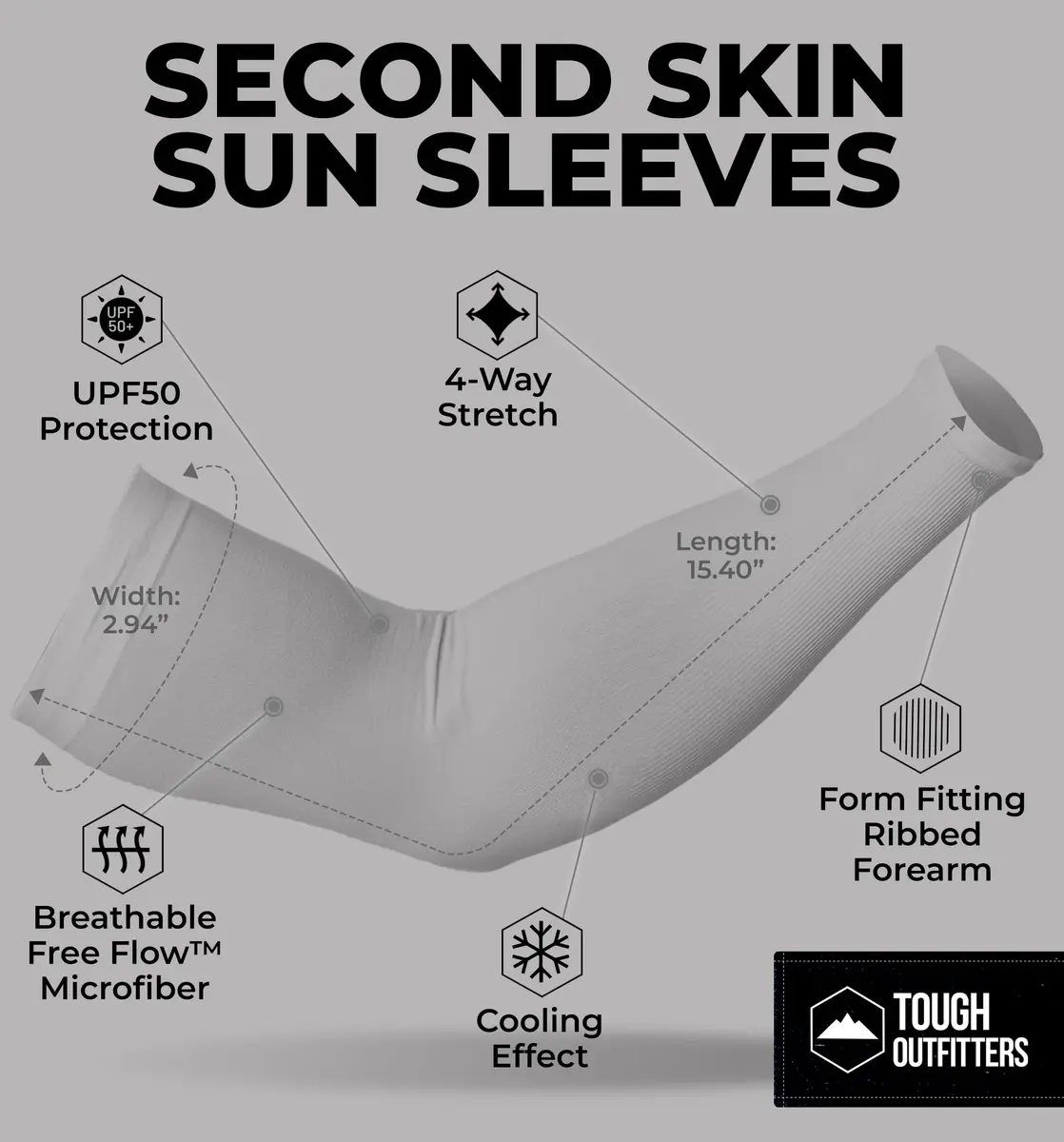 Tough Outdoors UV Arm Sleeves for Men & Women - Sun Protection Cooling Compression Arm Sleeves (Pair, Light Gray) | Blocks 98% UV Rays - view 5