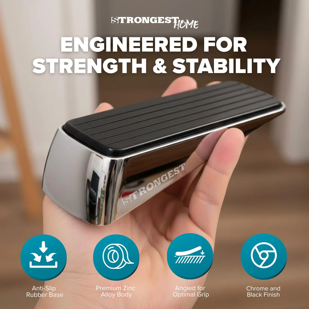STRONGEST HOME Chrome Door Stopper for Bottom of Door | Heavy Zinc Alloy, Non-Slip Base, Fits 0.16-1 in Gaps - view 4