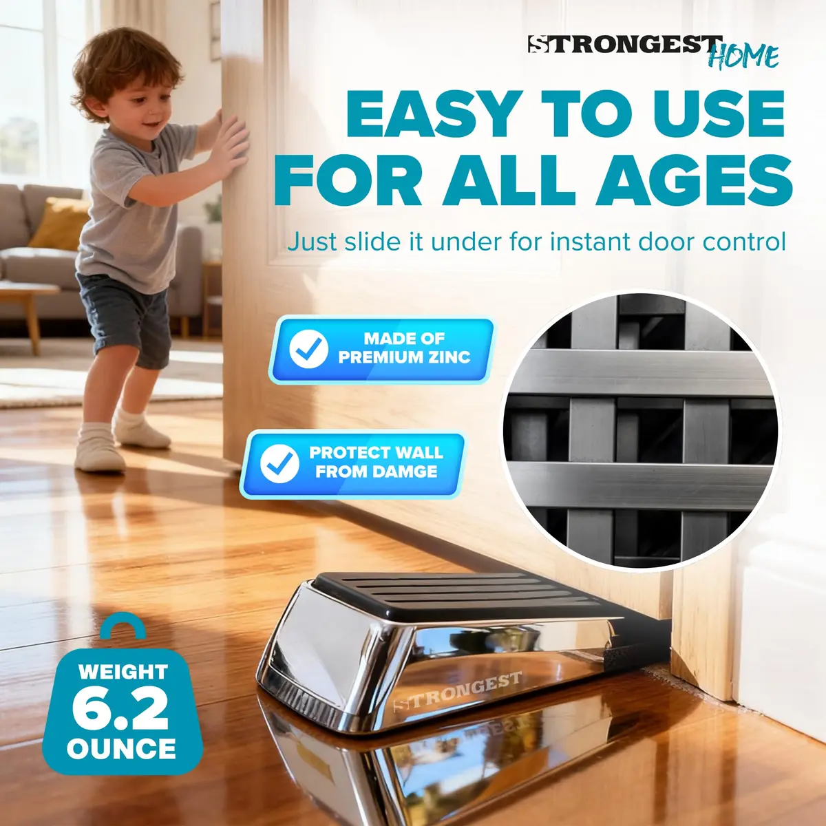 STRONGEST HOME Chrome Door Stopper for Bottom of Door | Heavy Zinc Alloy, Non-Slip Base, Fits 0.16-1 in Gaps - view 3