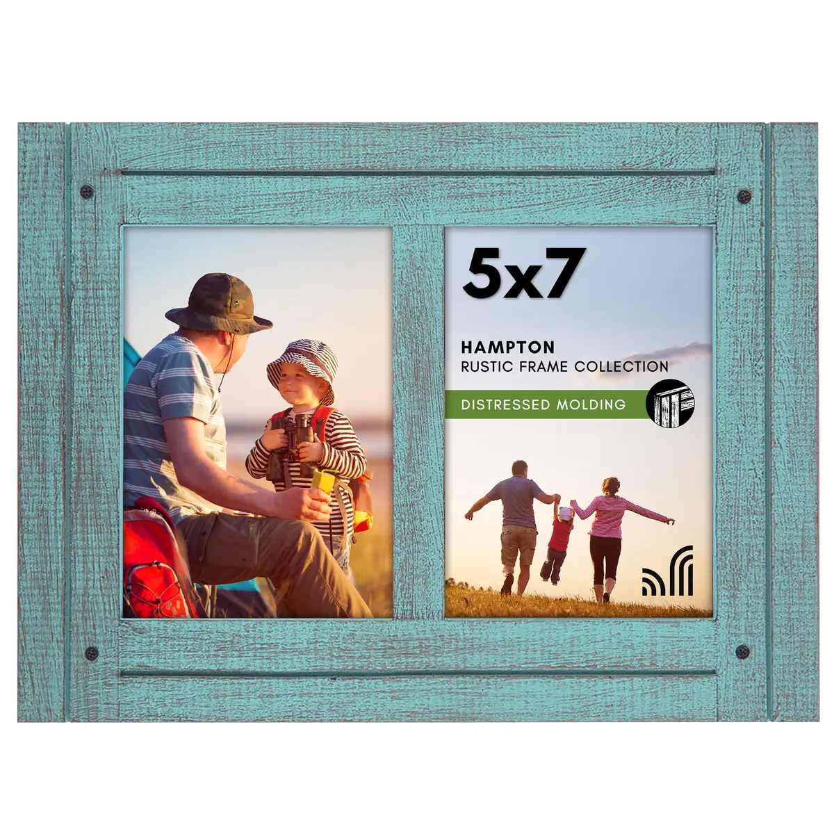 Americanflat 5x7 Double Picture Frame - Rustic Turquoise Blue | Hand-Painted Engineered Wood - main product image