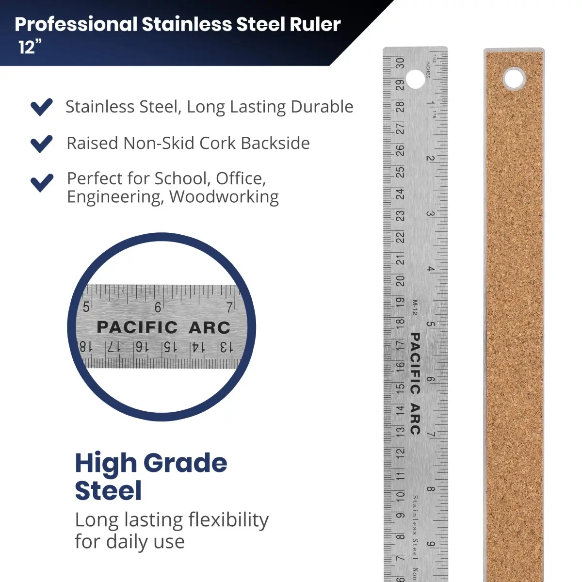 Pacific Arc Stainless Steel 12 Inch Metal Ruler with Cork Back & Metric Graduations | Precise Straight Edge for Artists & Projects - view 2