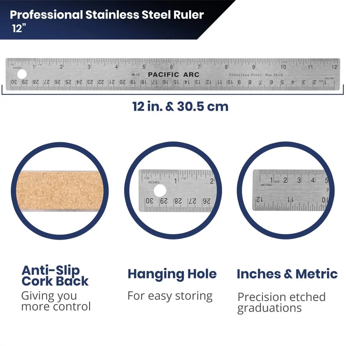 Pacific Arc Stainless Steel 12 Inch Metal Ruler with Cork Back & Metric Graduations | Precise Straight Edge for Artists & Projects - view 3