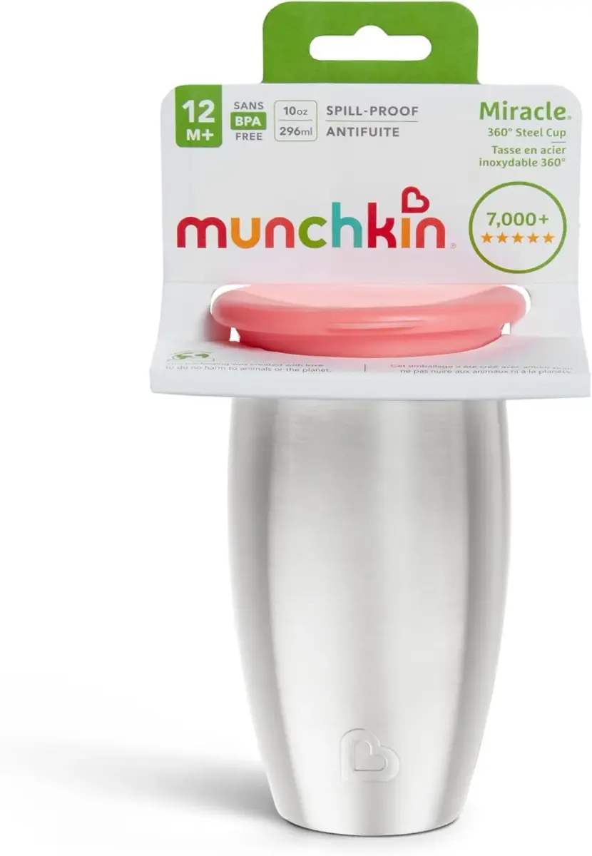 Munchkin Miracle Stainless Steel 360 Sippy Cup 295ml (10 fl oz) | Dentist Recommended Spoutless Cup - view 3