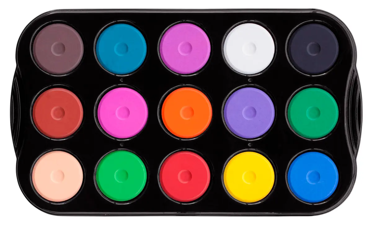 Jack Richeson Mini Tempera Cakes with Tray, Assorted Colors, Set of 15 | Opaque, Non-Toxic Watercolor for Kids & Art - main product image