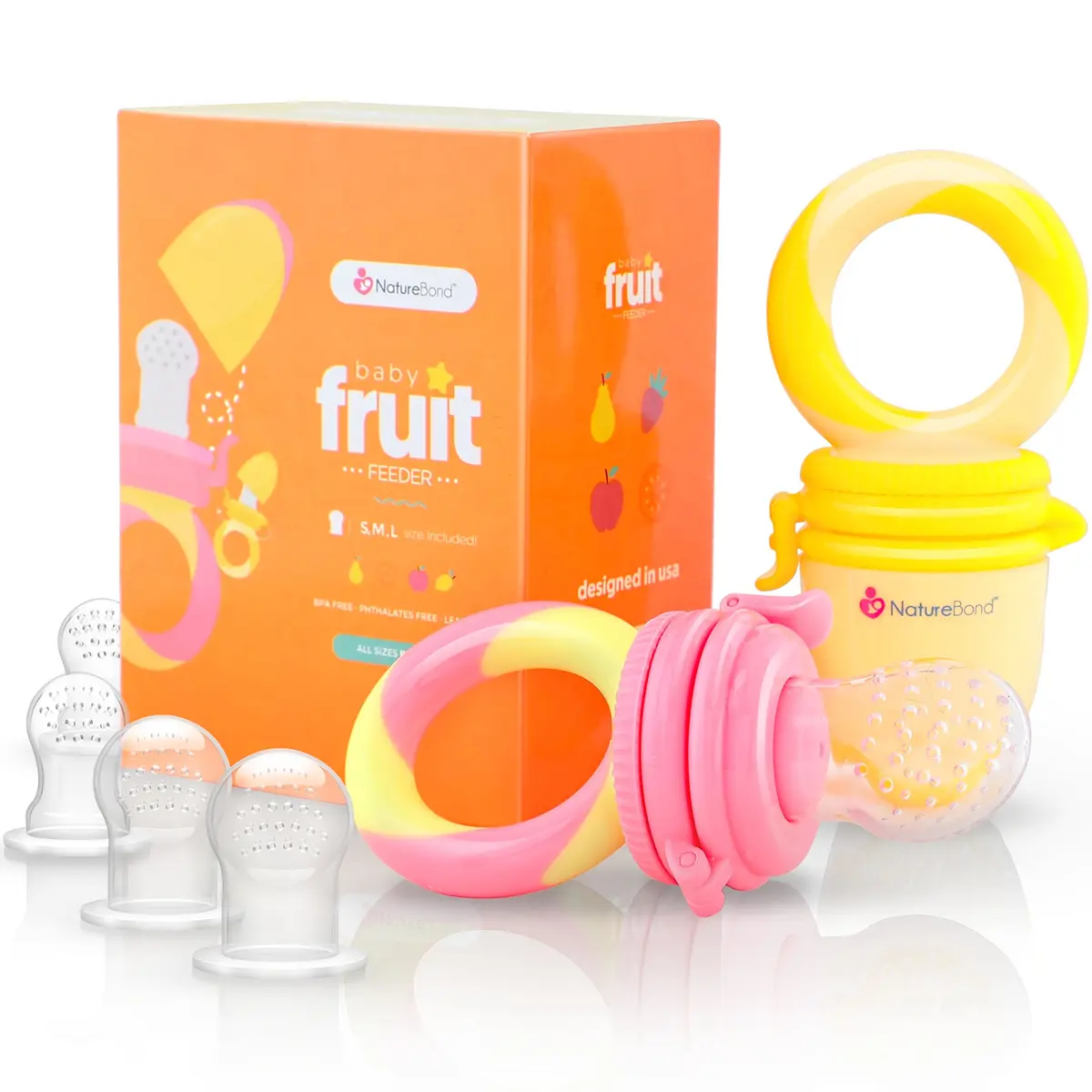 NatureBond Baby Food Feeder/Fruit Feeder Pacifier Nibbler 8 Piece Set | Teething & Weaning in Appetizing Colors - main product image