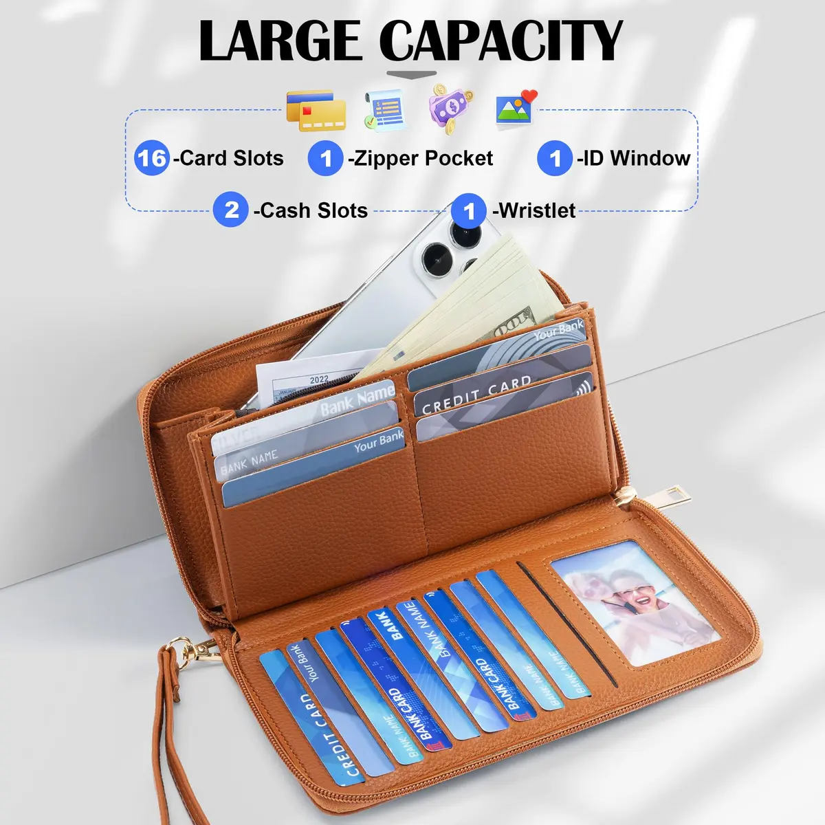 Chelmon Vegan Leather Clutch Wallet with Zip & RFID, 8.19"×4.49" | Large Capacity & Secure (en_US) - view 5