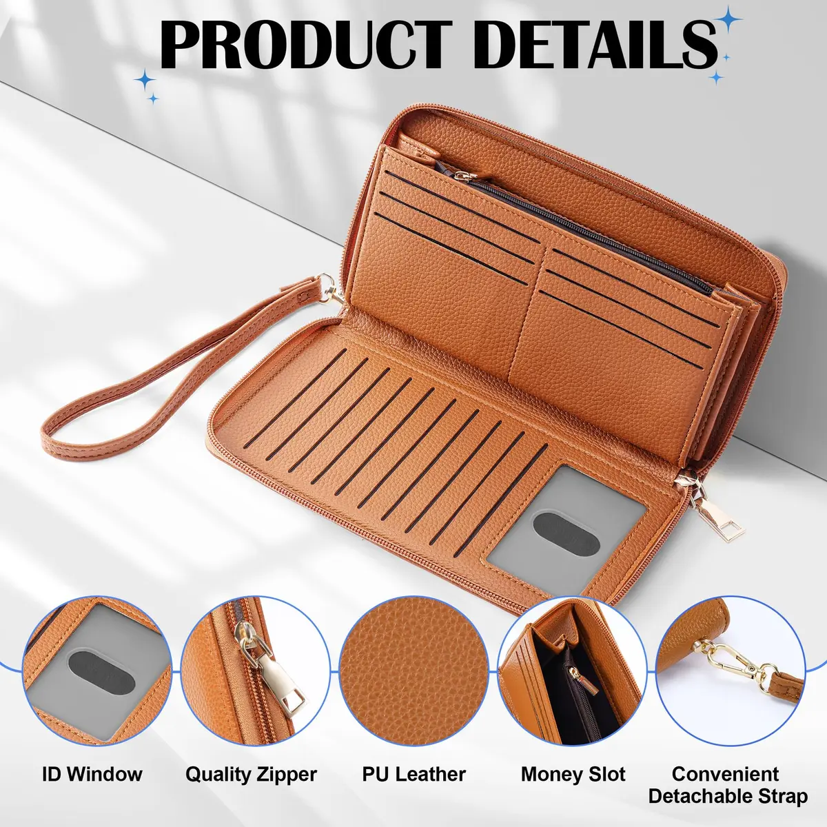 Chelmon Vegan Leather Clutch Wallet with Zip & RFID, 8.19"×4.49" | Large Capacity & Secure (en_US) - view 6