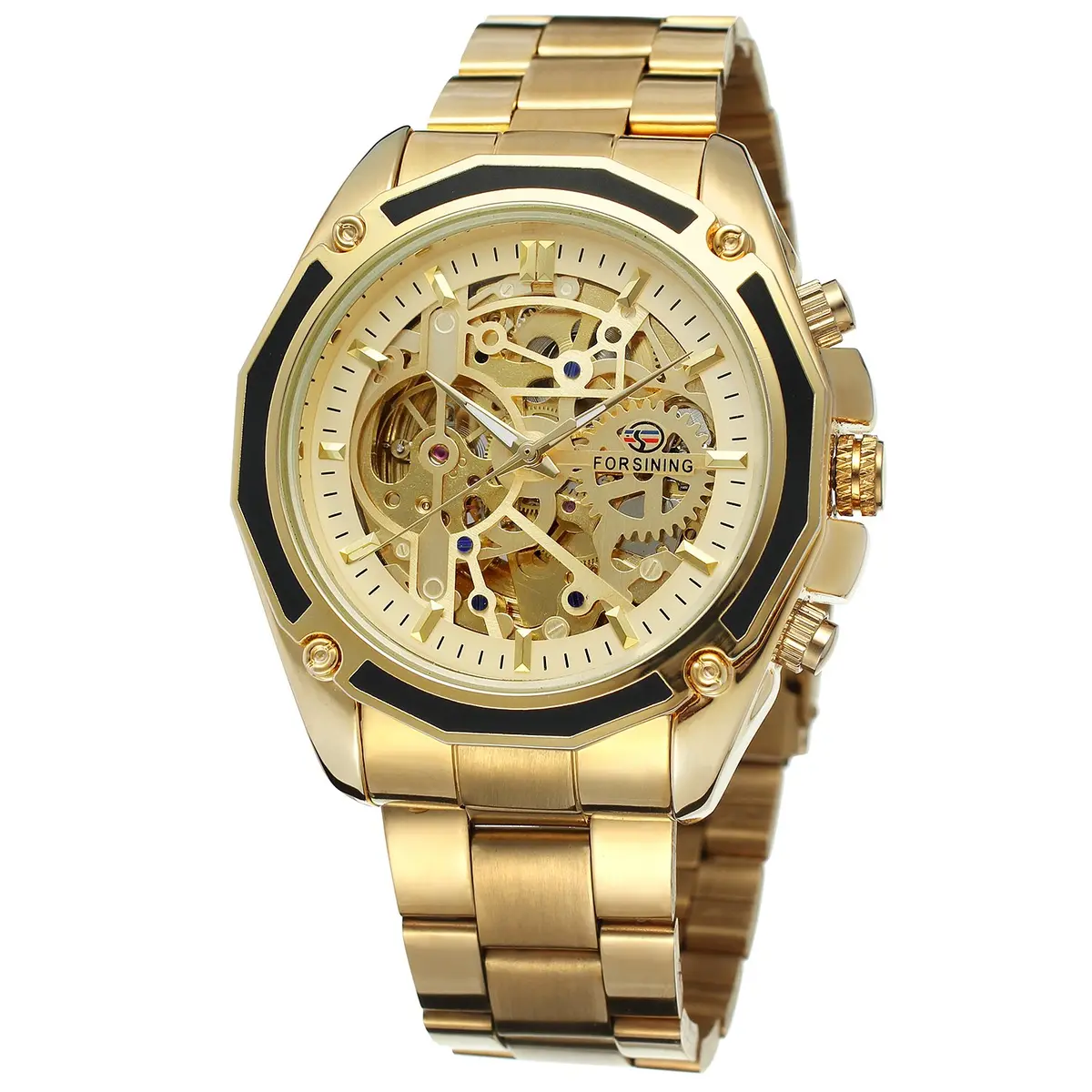 FORSINING Men's Self-Winding Skeleton Analogue Watch with Stainless Steel Bracelet | 42.8mm Gold Tone - main product image