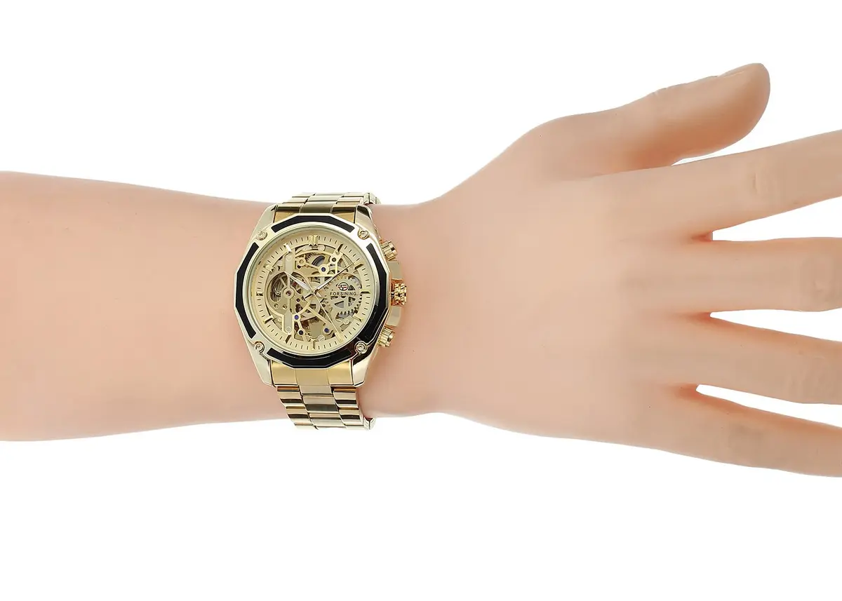 FORSINING Men's Self-Winding Skeleton Analogue Watch with Stainless Steel Bracelet | 42.8mm Gold Tone - view 7