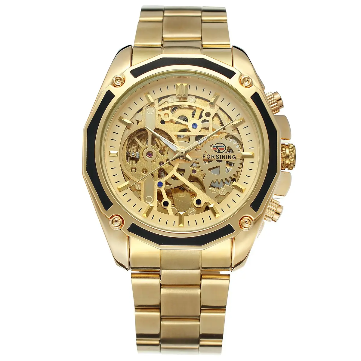 FORSINING Men's Self-Winding Skeleton Analogue Watch with Stainless Steel Bracelet | 42.8mm Gold Tone - view 2