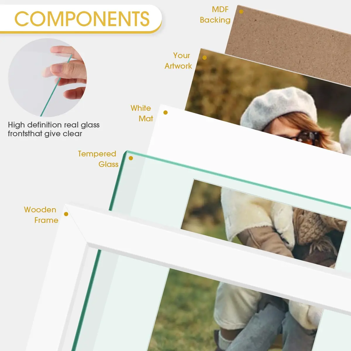 Golden State Art 11x14 White Picture Frame with Mat, Solid Wood & Real Glass, 8x10 - view 4