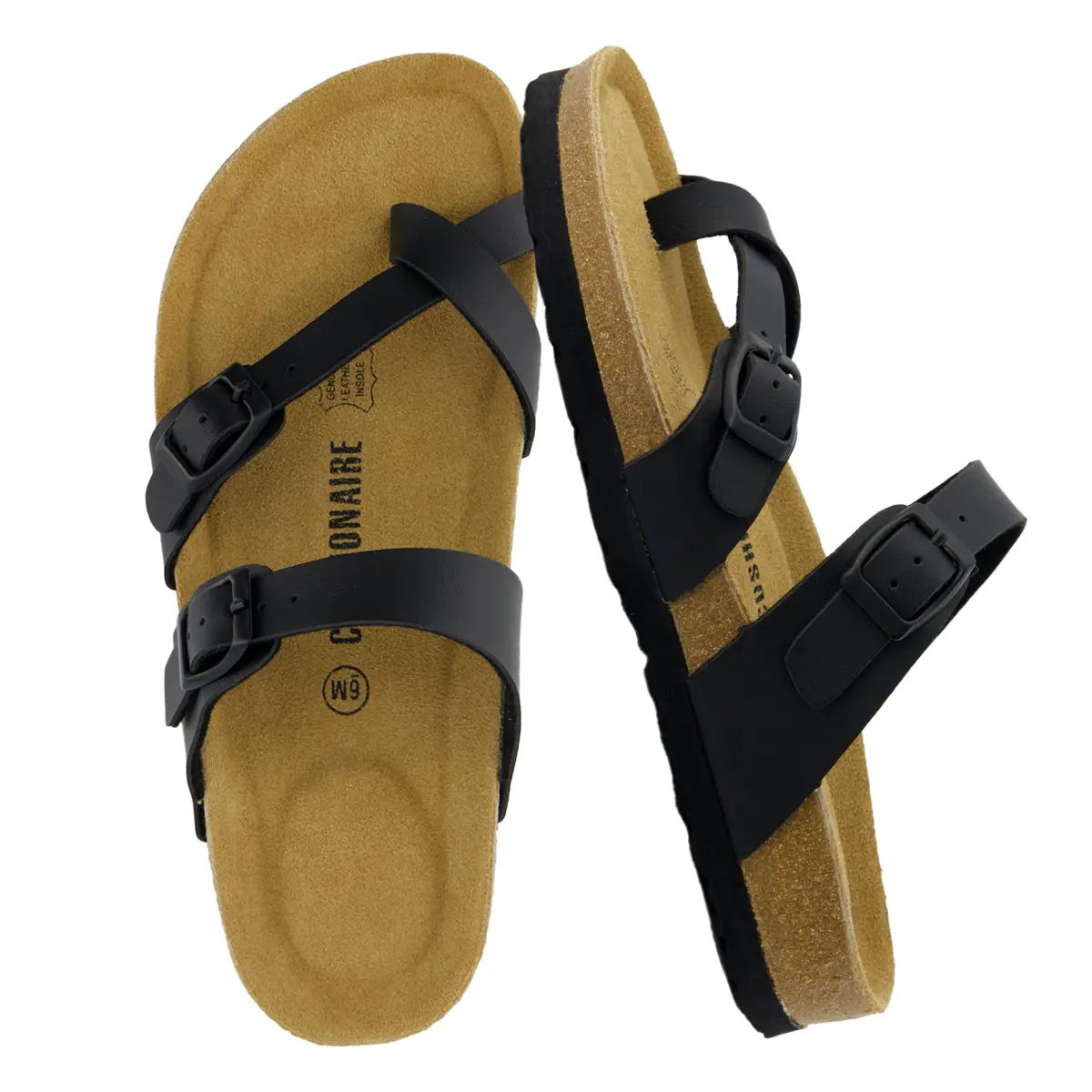 CUSHIONAIRE Luna Cork Footbed Sandals for Women with Crossover Straps, Black 7.5 | Supportive, Breathable & Stylish - main product image