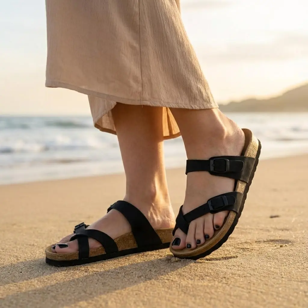 CUSHIONAIRE Luna Cork Footbed Sandals for Women with Crossover Straps, Black 7.5 | Supportive, Breathable & Stylish - view 7