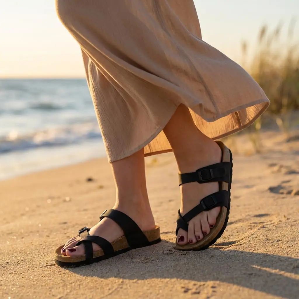 CUSHIONAIRE Luna Cork Footbed Sandals for Women with Crossover Straps, Black 7.5 | Supportive, Breathable & Stylish - view 3