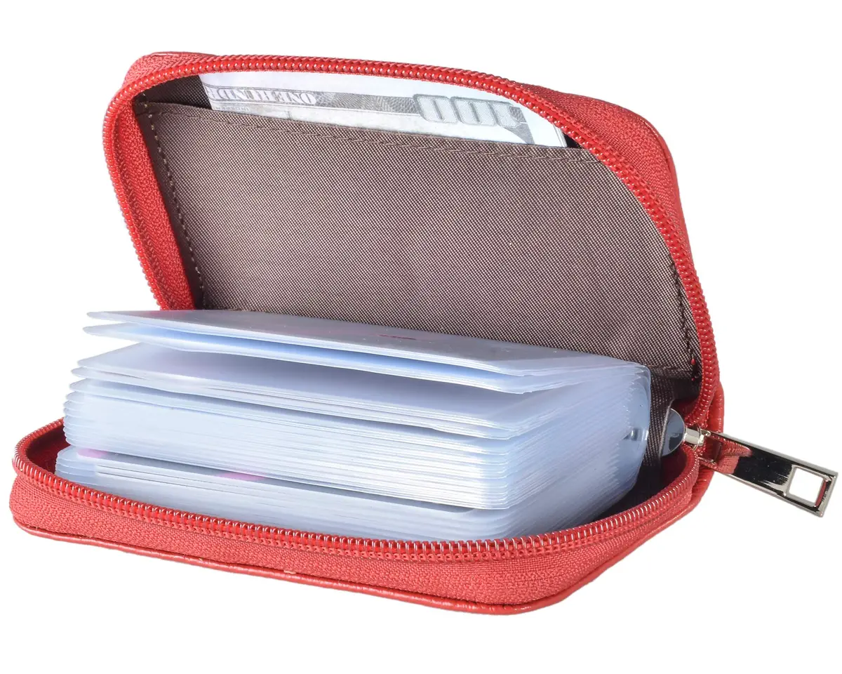 Easyoulife Genuine Leather Credit Card Holder Zipper Wallet with 26 Card Slots (Red) | RFID Blocking Slim Wallet for Women - main product image
