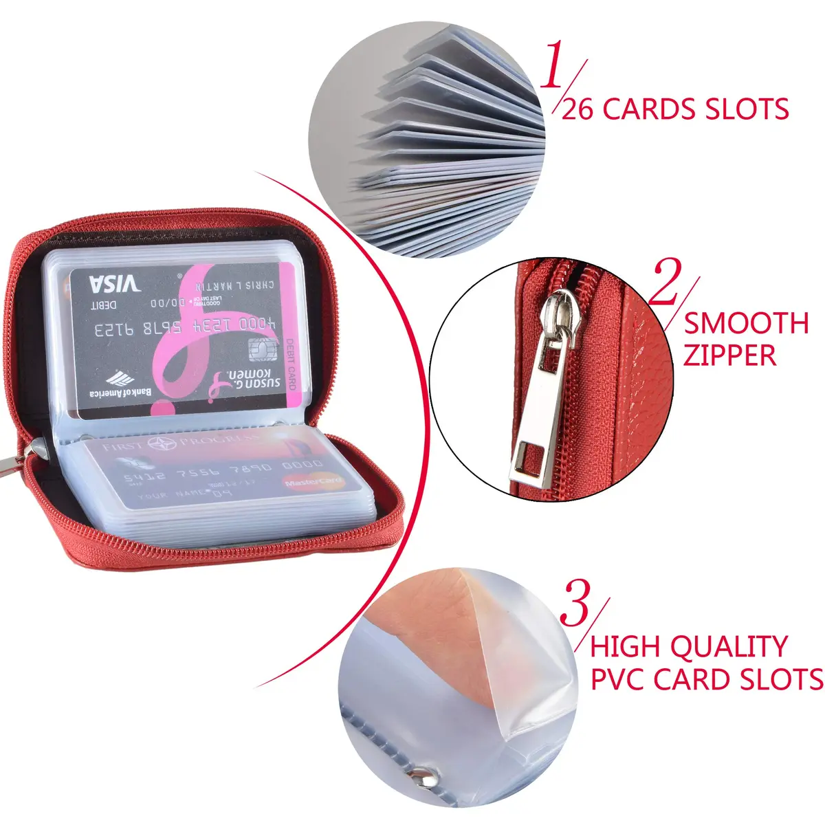 Easyoulife Genuine Leather Credit Card Holder Zipper Wallet with 26 Card Slots (Red) | RFID Blocking Slim Wallet for Women - view 6