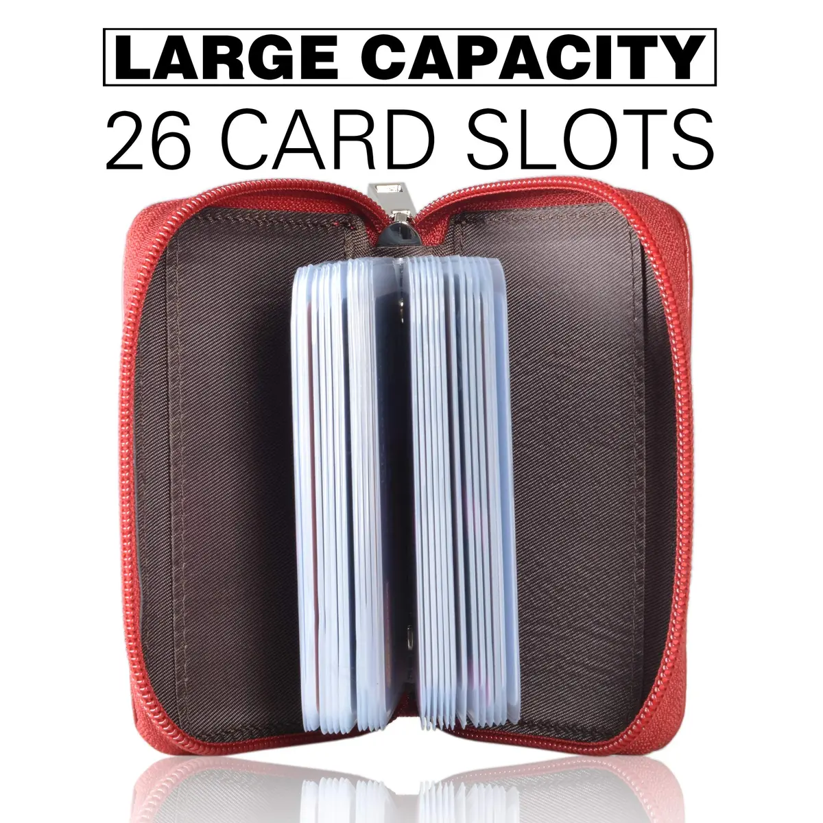 Easyoulife Genuine Leather Credit Card Holder Zipper Wallet with 26 Card Slots (Red) | RFID Blocking Slim Wallet for Women - view 2
