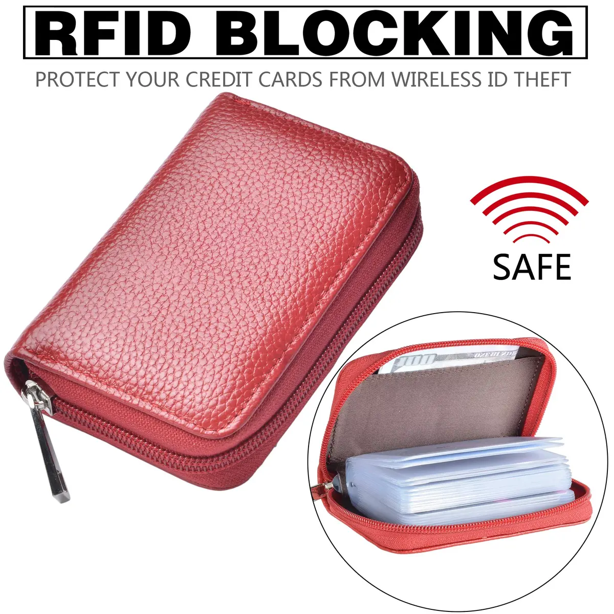 Easyoulife Genuine Leather Credit Card Holder Zipper Wallet with 26 Card Slots (Red) | RFID Blocking Slim Wallet for Women - view 4