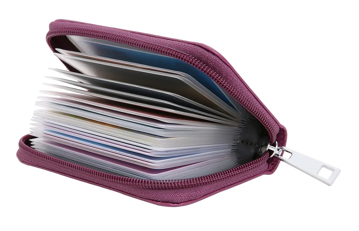 Easyoulife Genuine Leather Credit Card Holder Zipper Wallet With 26 Card Slots (Purple) | RFID Blocking - main product image