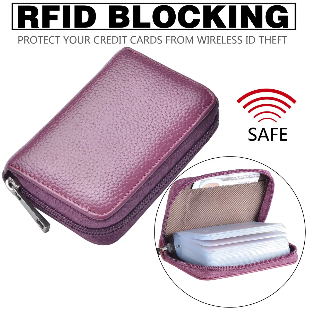 Easyoulife Genuine Leather Credit Card Holder Zipper Wallet With 26 Card Slots (Purple) | RFID Blocking - view 5