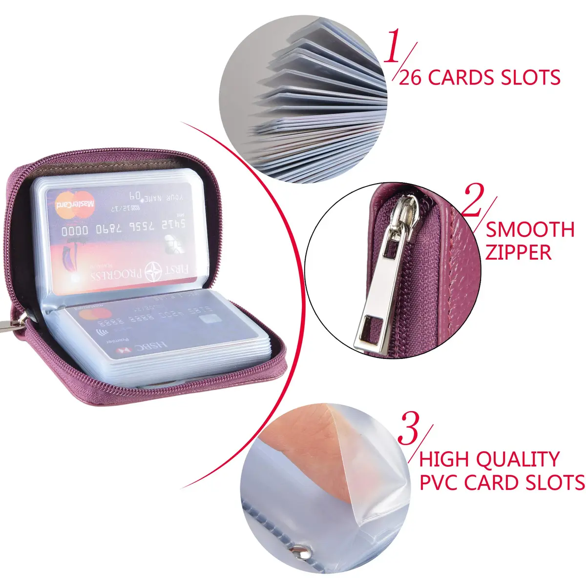 Easyoulife Genuine Leather Credit Card Holder Zipper Wallet With 26 Card Slots (Purple) | RFID Blocking - view 7
