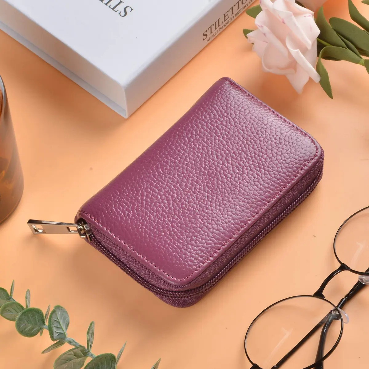 Easyoulife Genuine Leather Credit Card Holder Zipper Wallet With 26 Card Slots (Purple) | RFID Blocking - view 2