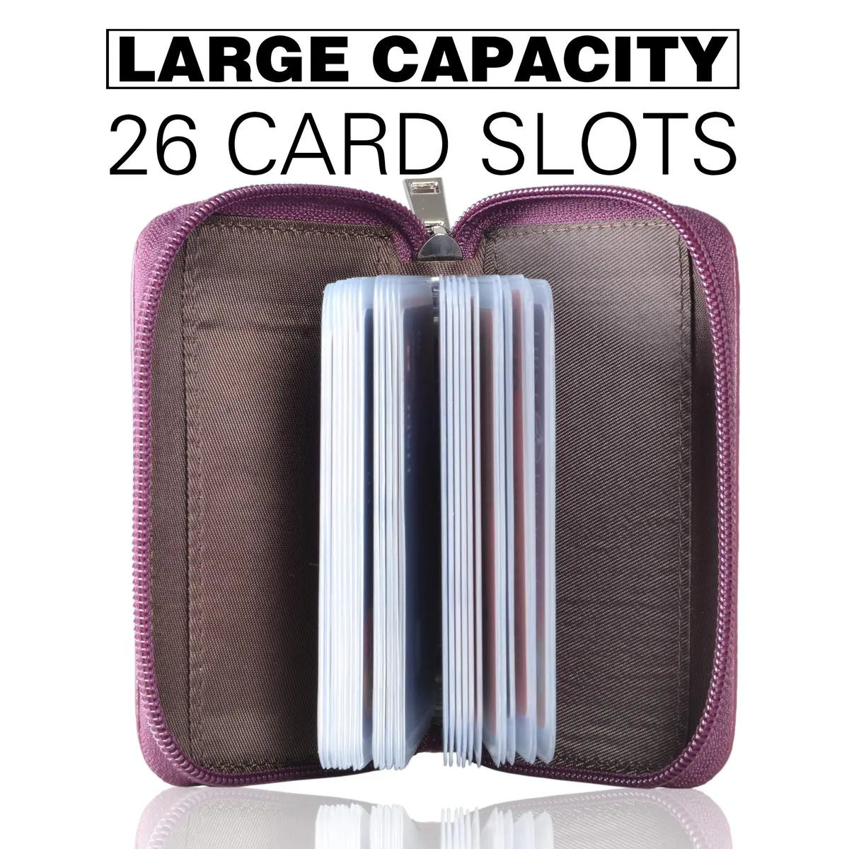 Easyoulife Genuine Leather Credit Card Holder Zipper Wallet With 26 Card Slots (Purple) | RFID Blocking - view 3