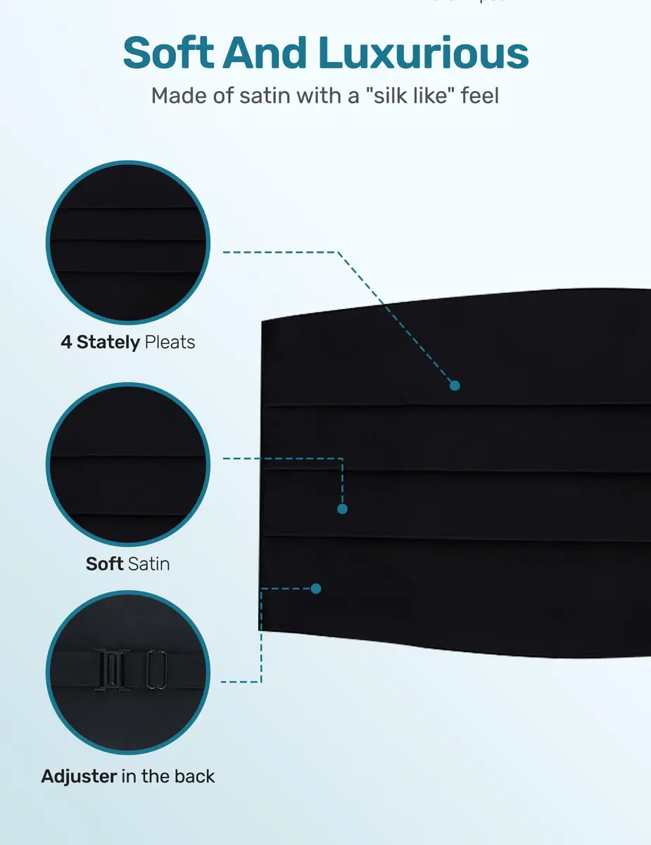 S.H. Churchill & Co. Men's Adjustable 4-Pleat Satin Cummerbund Black | Fits Waists Up to 48 Inches - view 4
