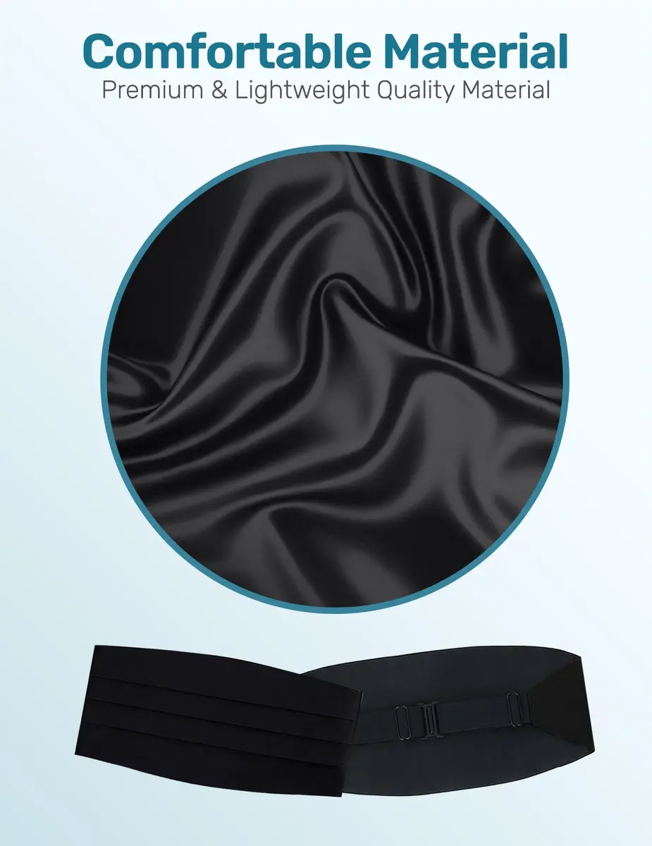 S.H. Churchill & Co. Men's Adjustable 4-Pleat Satin Cummerbund Black | Fits Waists Up to 48 Inches - view 5