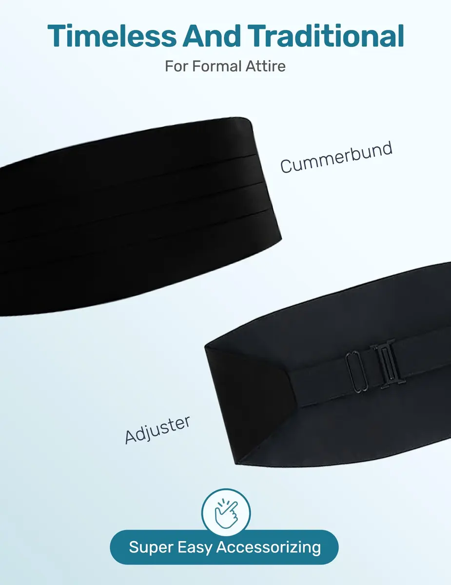 S.H. Churchill & Co. Men's Adjustable 4-Pleat Satin Cummerbund Black | Fits Waists Up to 48 Inches - view 6