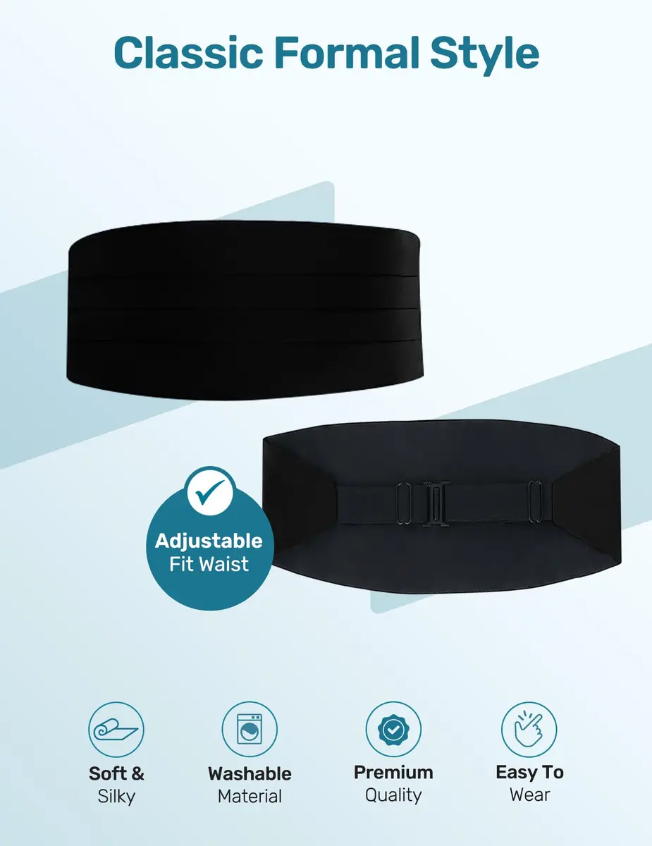 S.H. Churchill & Co. Men's Adjustable 4-Pleat Satin Cummerbund Black | Fits Waists Up to 48 Inches - view 3