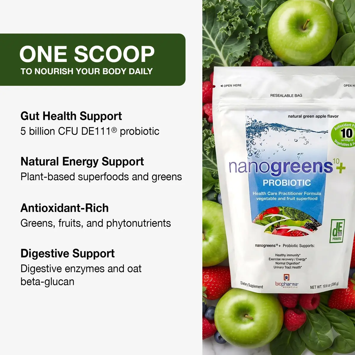 Biopharma Scientific NanoGreens + Probiotic Greens Powder (Strawberry) | Plant-Based Superfood with 5 Billion CFU & 30 Servings - view 5