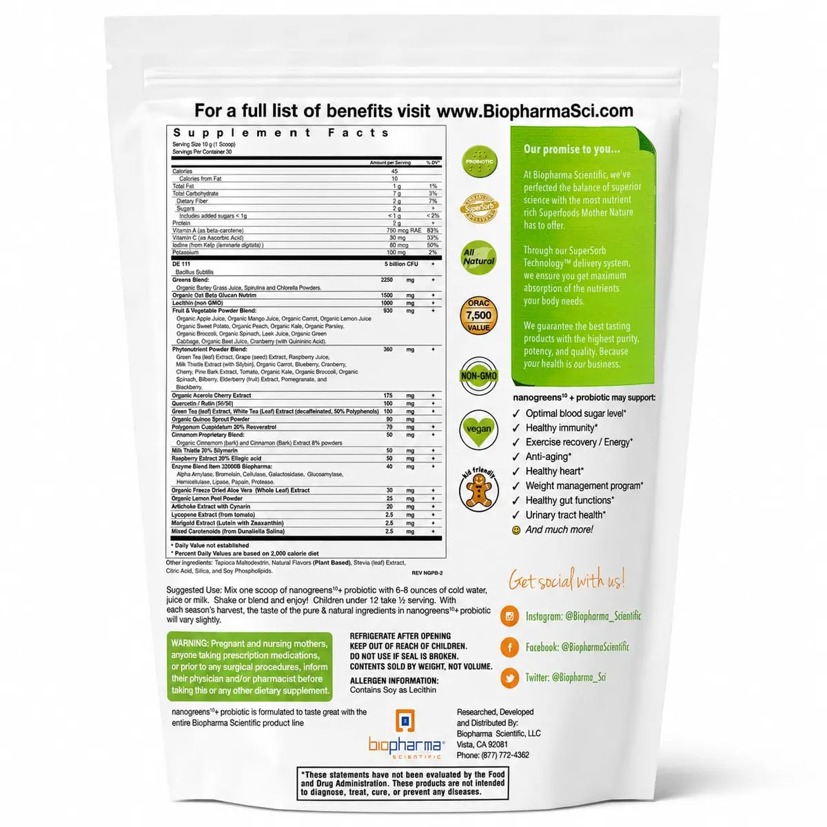 Biopharma Scientific NanoGreens + Probiotic Greens Powder (Strawberry) | Plant-Based Superfood with 5 Billion CFU & 30 Servings - view 9