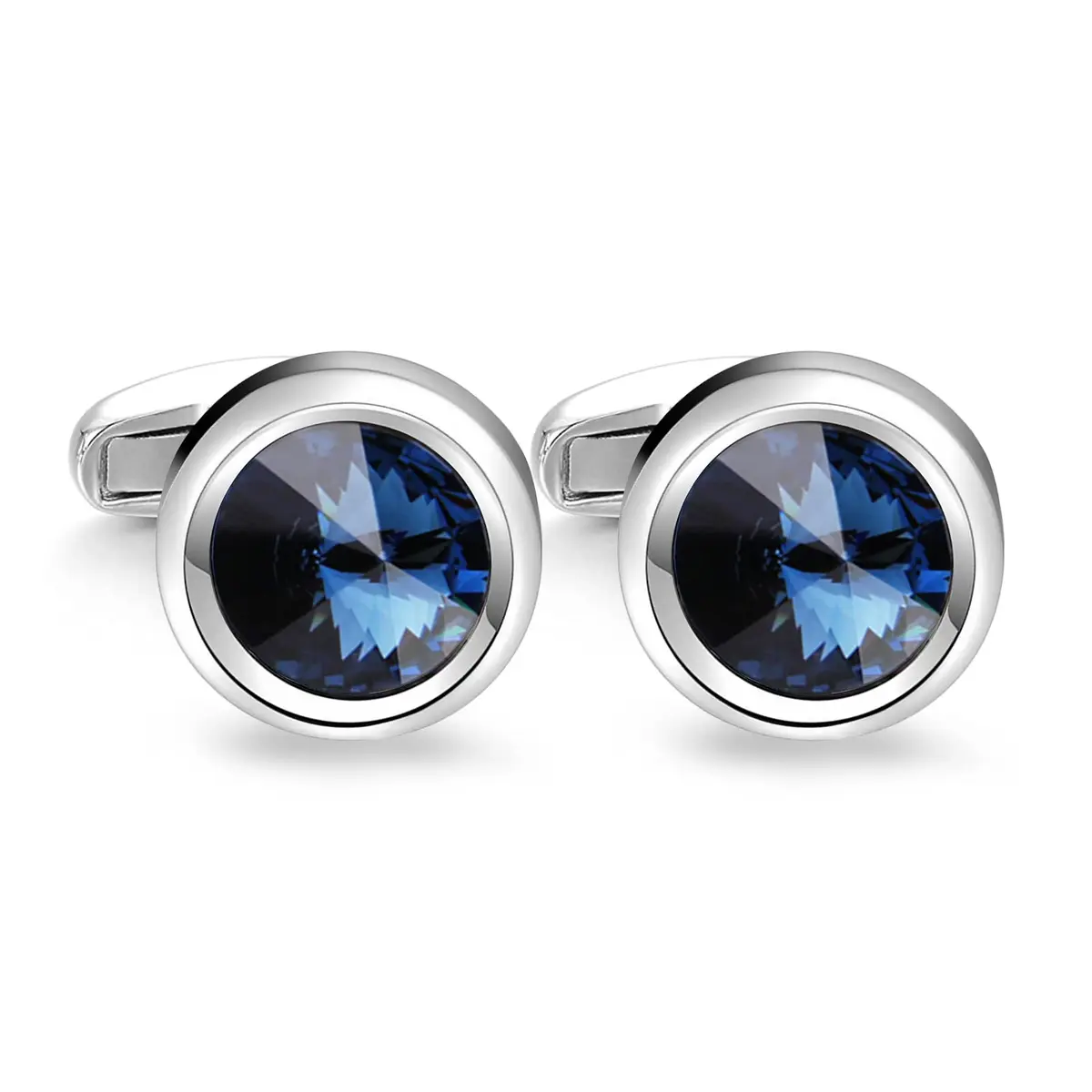 MERIT OCEAN Navy Blue Crystal Circular Cuff Links | Elegant Silver Finish for Men - main product image