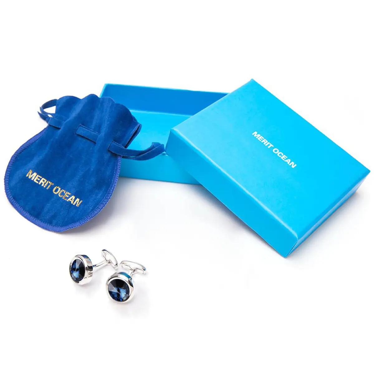 MERIT OCEAN Navy Blue Crystal Circular Cuff Links | Elegant Silver Finish for Men - view 6