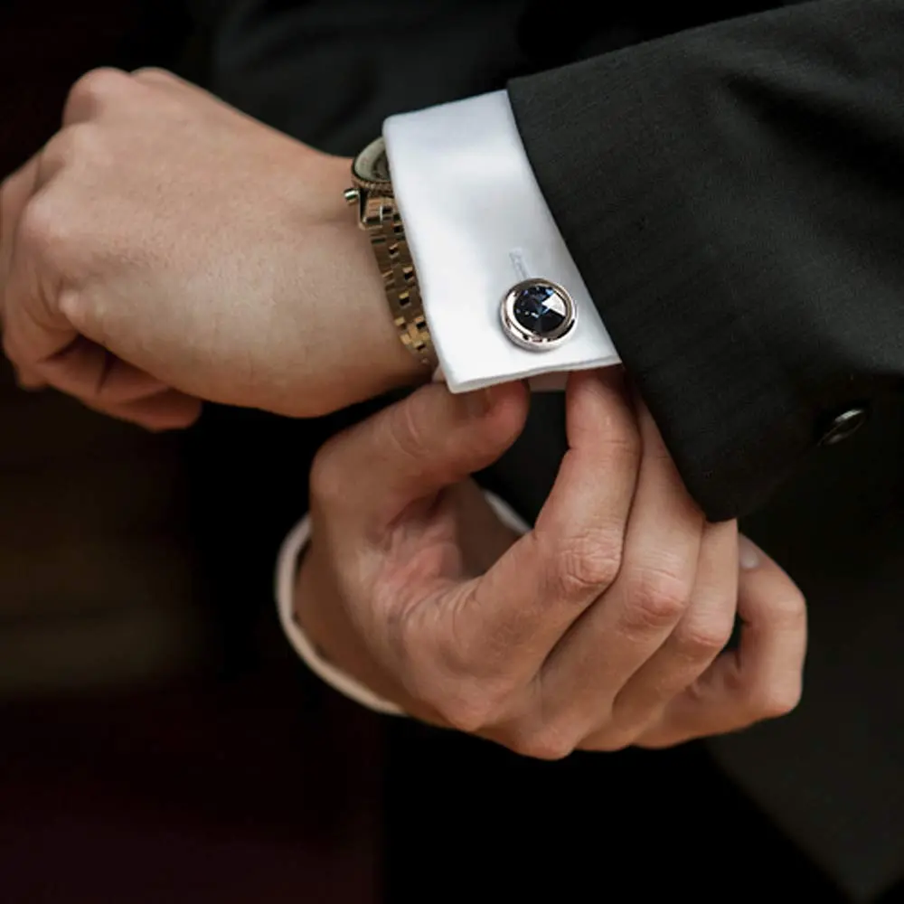 MERIT OCEAN Navy Blue Crystal Circular Cuff Links | Elegant Silver Finish for Men - view 7