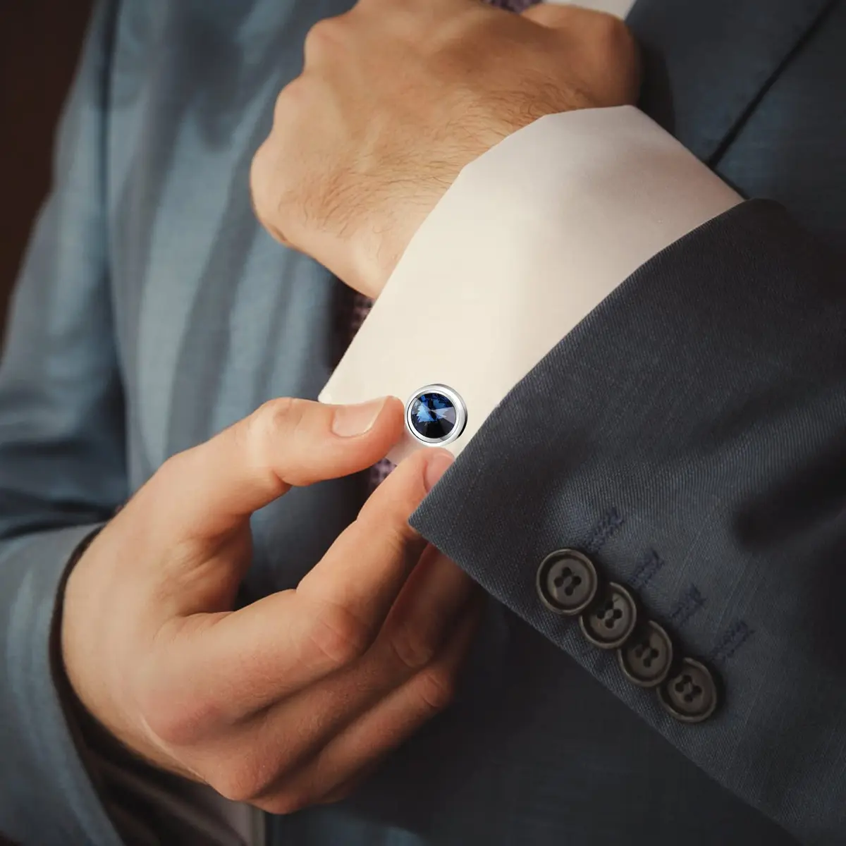 MERIT OCEAN Navy Blue Crystal Circular Cuff Links | Elegant Silver Finish for Men - view 2