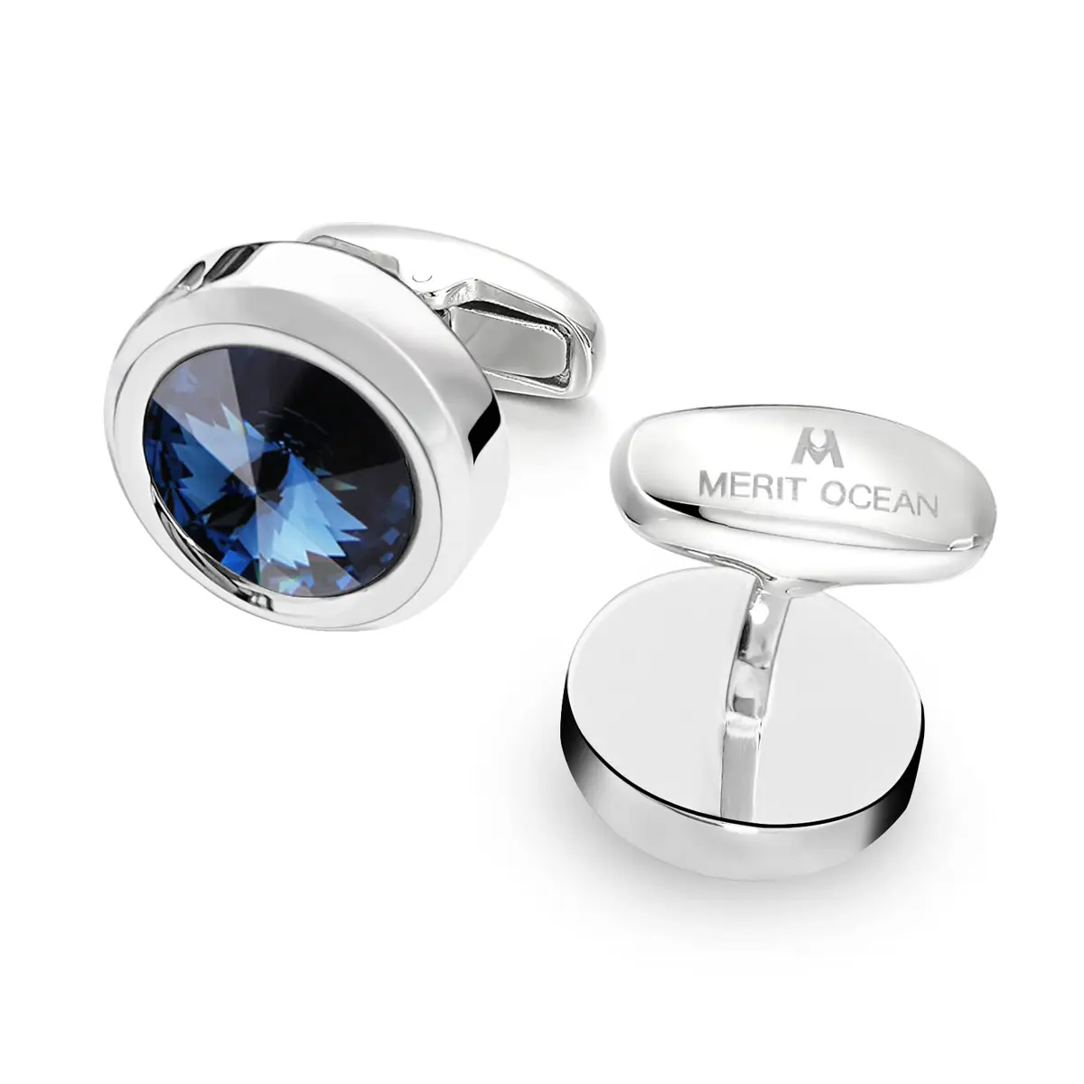 MERIT OCEAN Navy Blue Crystal Circular Cuff Links | Elegant Silver Finish for Men - view 3