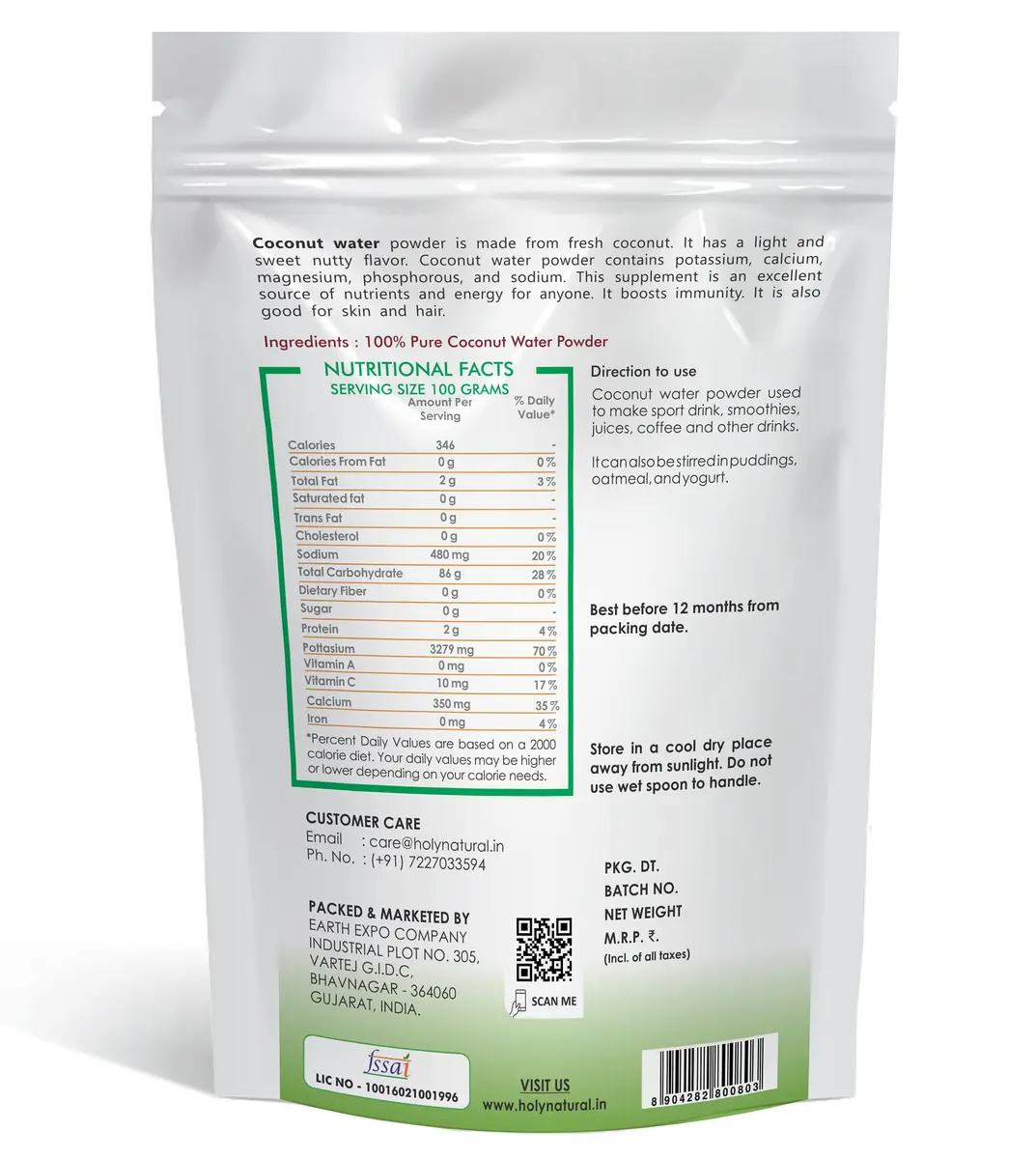 Holy Natural Coconut Water Powder 17.63 oz | 100% Natural, Vegetarian, Shelf Life 365 Days - view 2