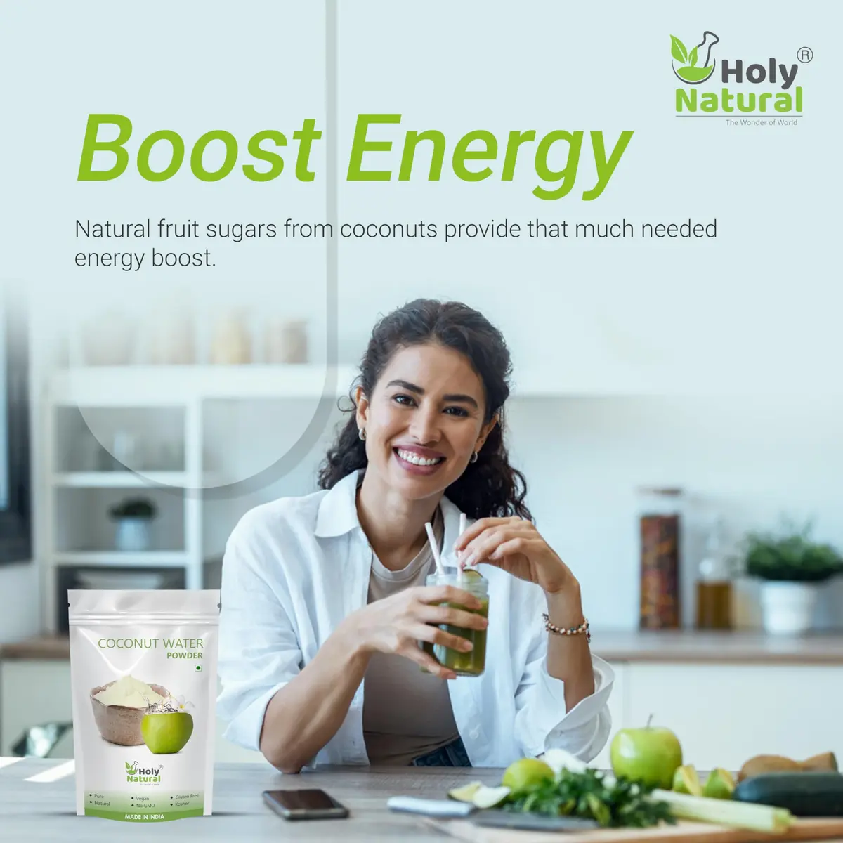 Holy Natural Coconut Water Powder 17.63 oz | 100% Natural, Vegetarian, Shelf Life 365 Days - view 4