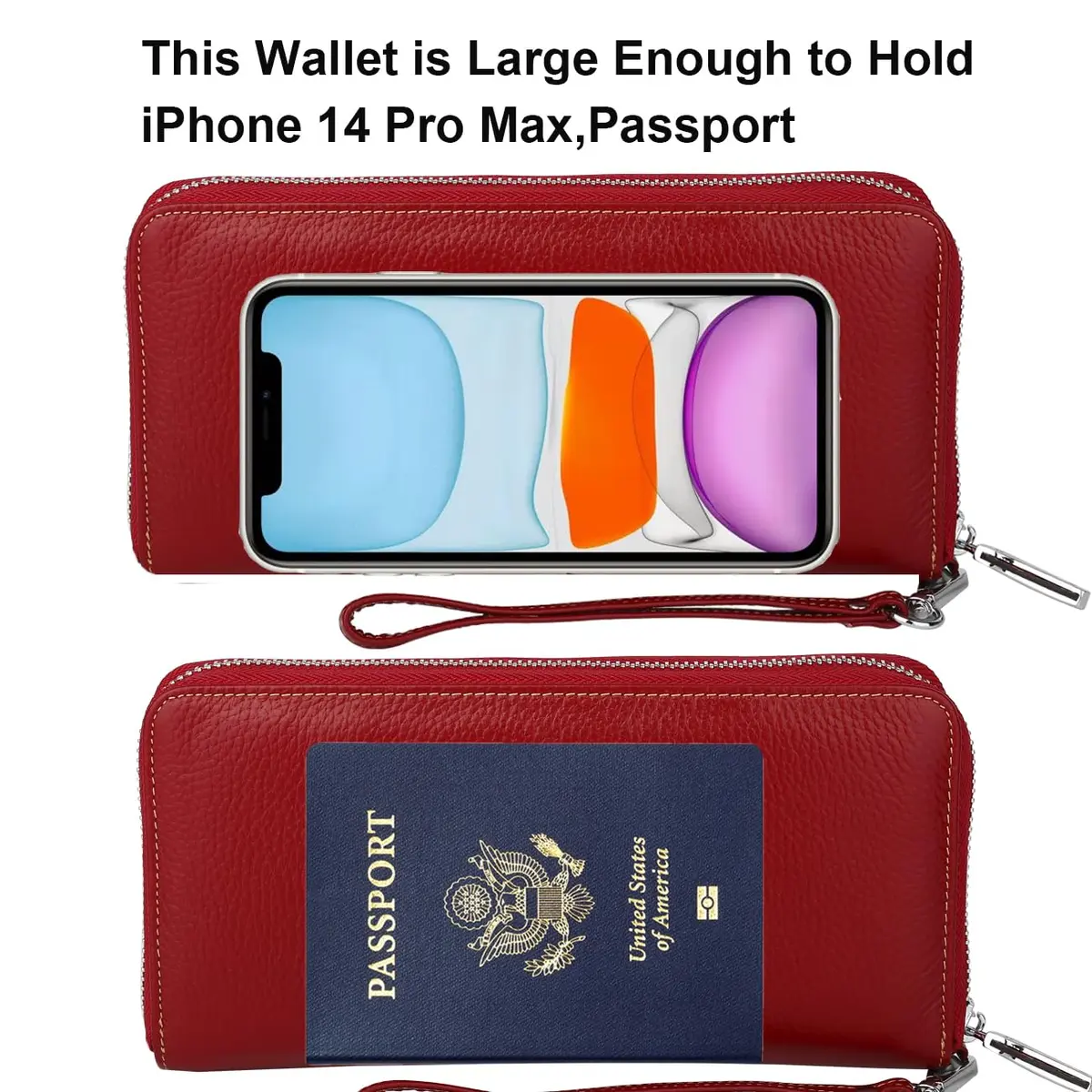 Lavemi Women's RFID Blocking Leather Large Capacity Zip Wallet & Phone Holder Deep Red | Travel & Privacy - view 5