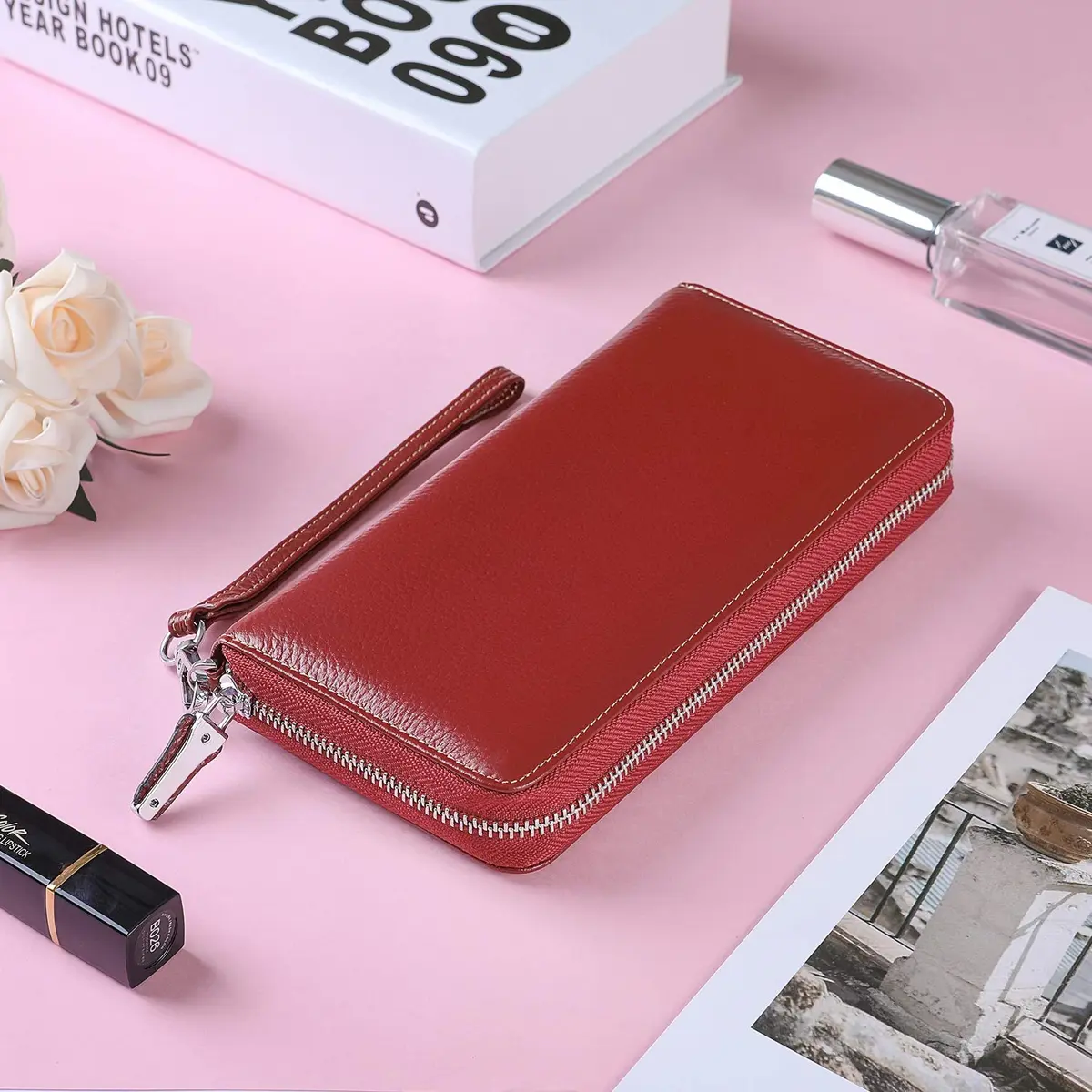 Lavemi Women's RFID Blocking Leather Large Capacity Zip Wallet & Phone Holder Deep Red | Travel & Privacy - view 6