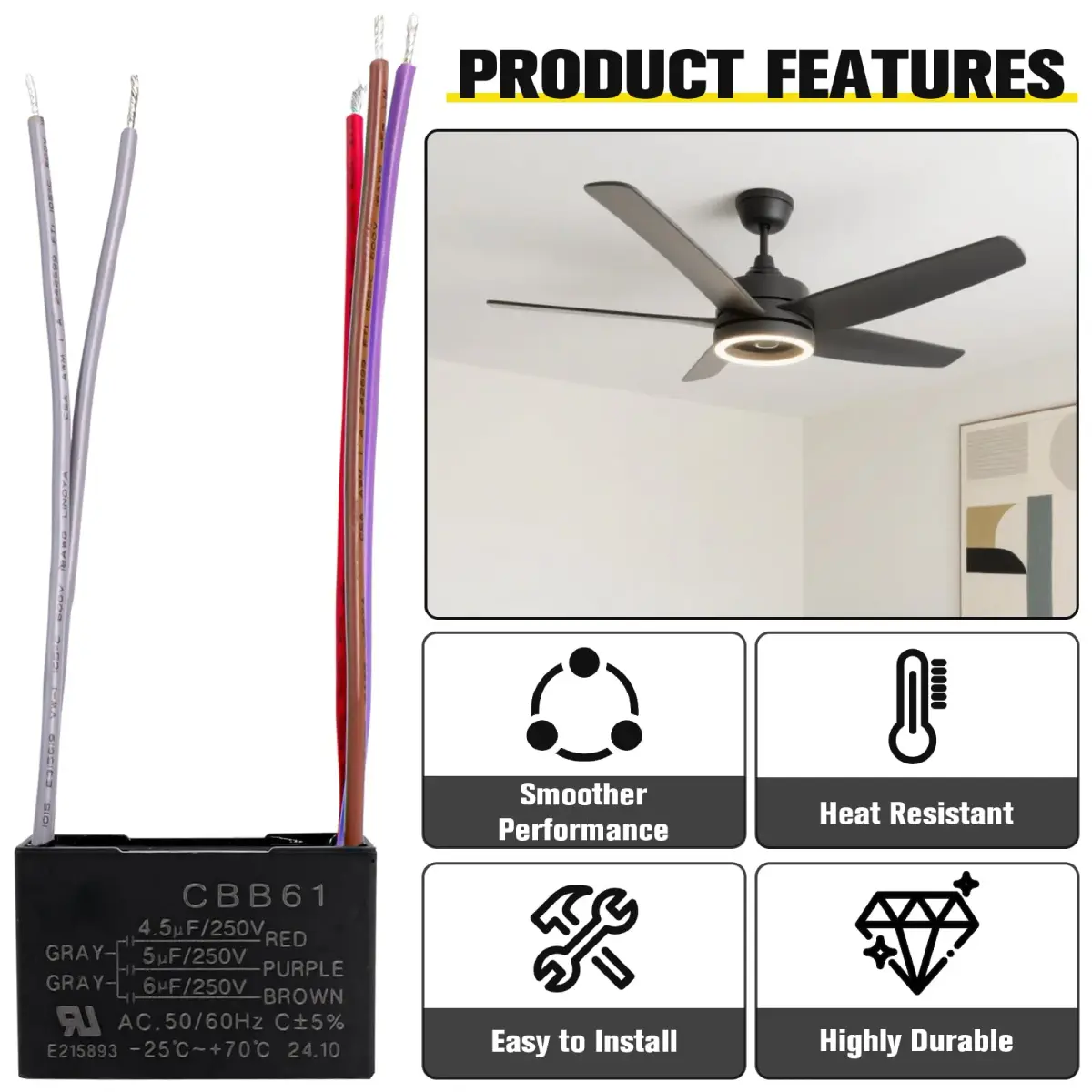 Podoy CBB61 Ceiling Fan Capacitor 4.5uf+5uf+6uf 5 Wire 250VAC 50/60Hz (2-Pack) - view 5