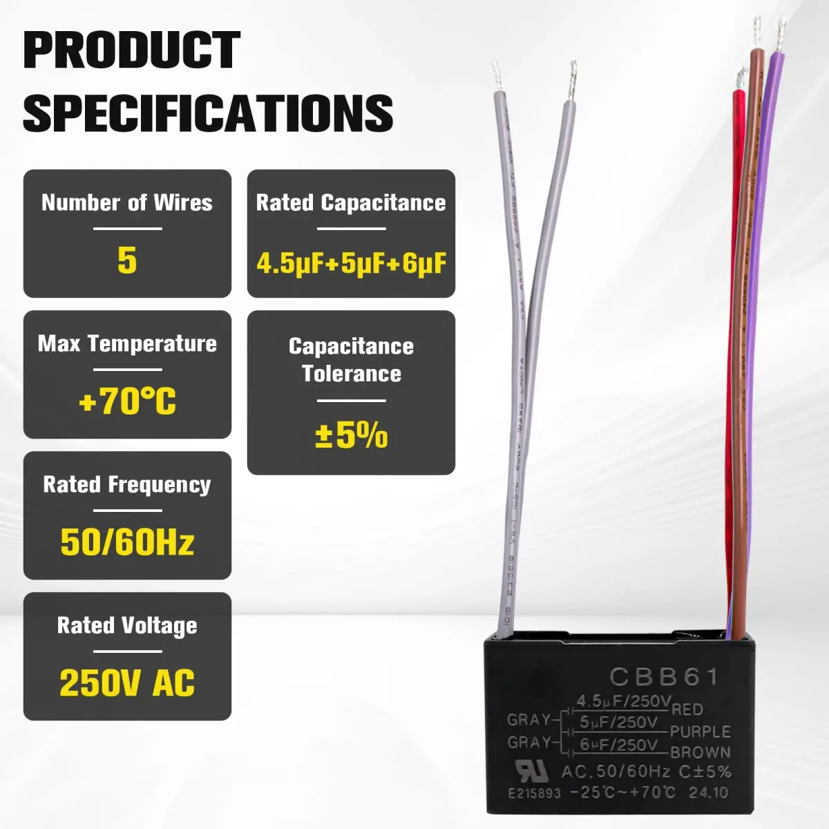 Podoy CBB61 Ceiling Fan Capacitor 4.5uf+5uf+6uf 5 Wire 250VAC 50/60Hz (2-Pack) - view 2