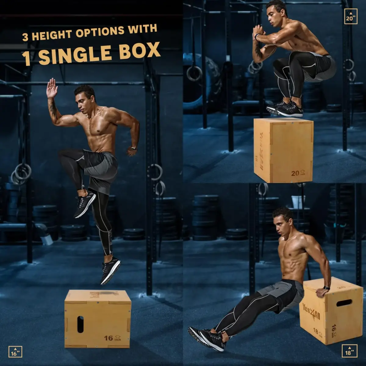 Yes4All 3-in-1 Wooden Plyo Box 450 lbs Capacity | 12, 14, 16 Inch Heights | Smooth Edges & Built-in Handles - view 3