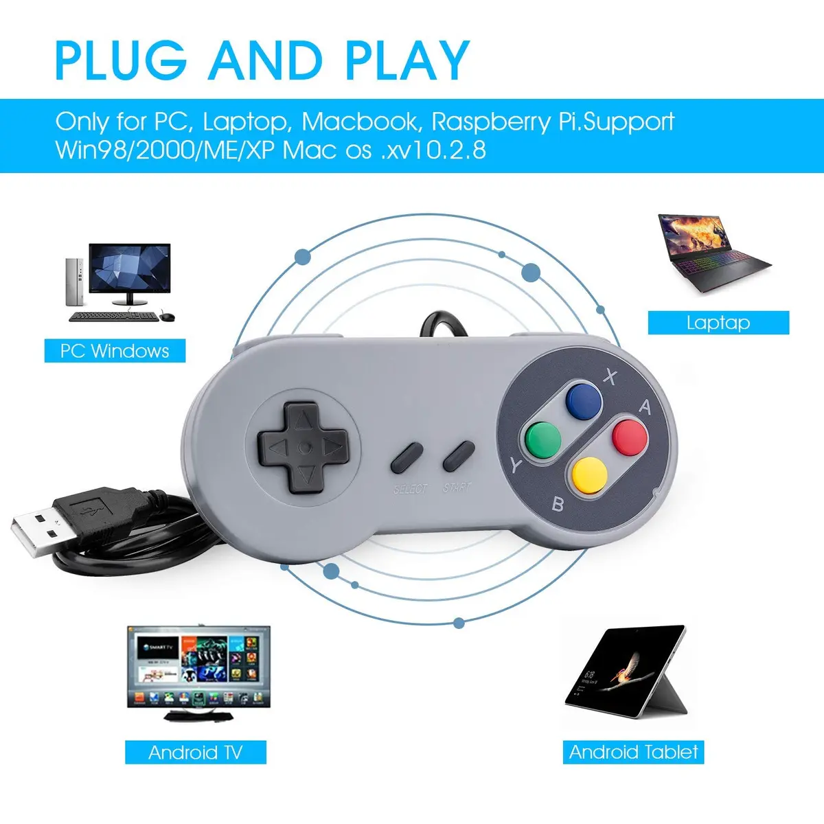 Rii Classic Retro USB Wired Game Controller for PC Gaming, Grey | 2 Pack, Compatible with Windows & Mac - view 3