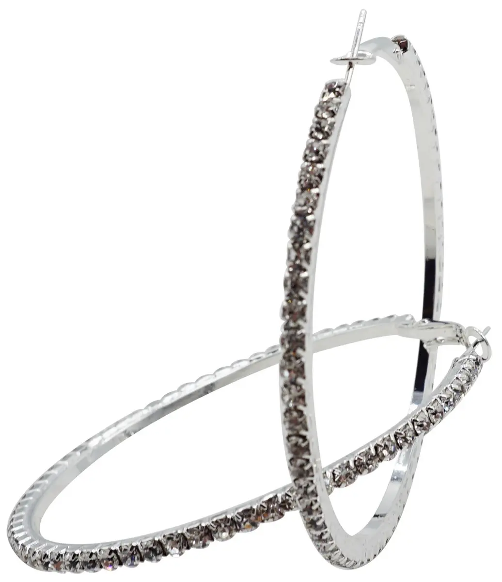 Bienvenu 60mm Rhinestone Plated Silver Hoop Earrings Big Circle Earrings | Sparkling Night Party Jewelry - main product image